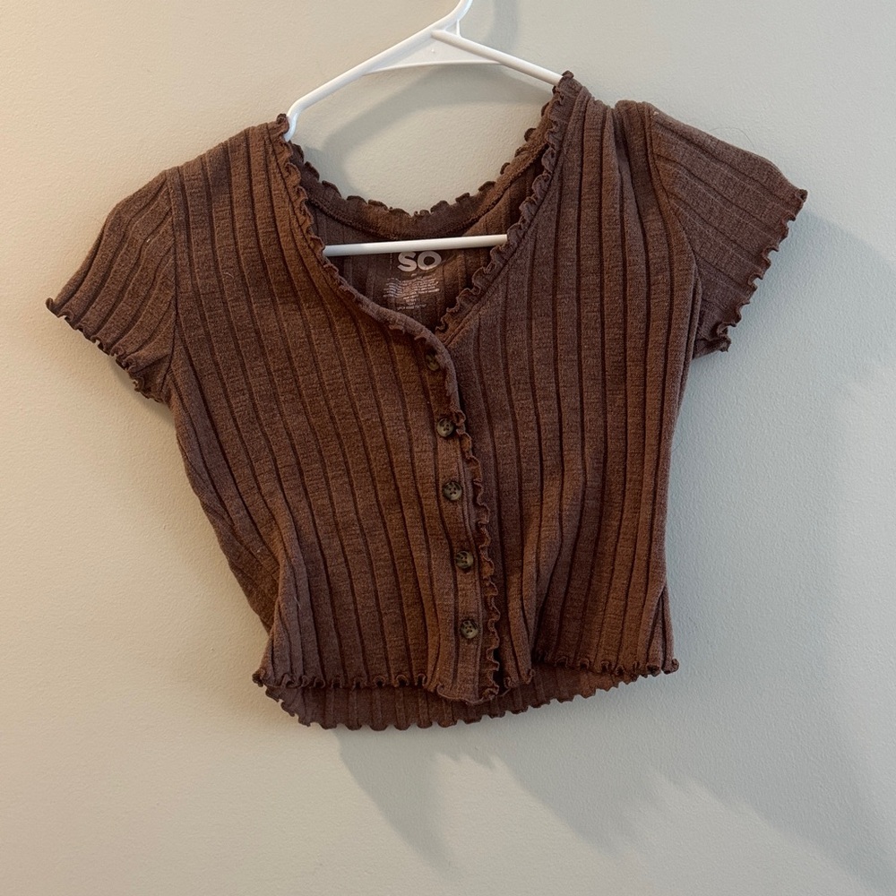 SO Chocolate Brown Ribbed Short-Sleeve Button Crop Top